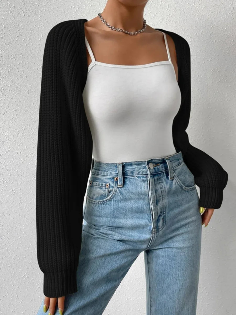 Women's Bolero Shrug, Ultra-Short Crochet Cardigan, Casual Solid Long Sleeve Sweater, Knitwear Cropped Tops, Ribbed Shrug Sweaters